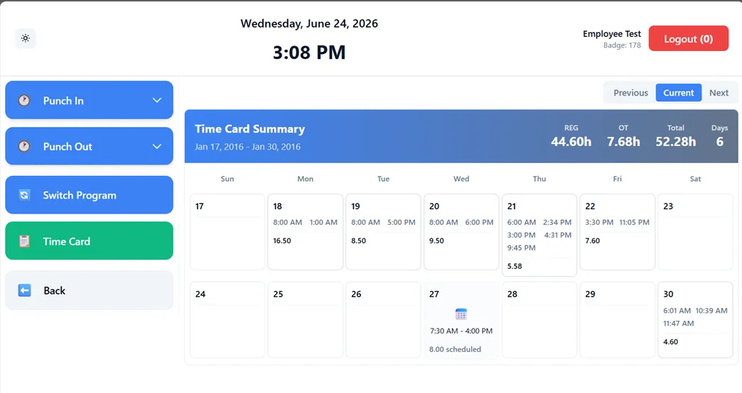 ESS Kiosk time card screen